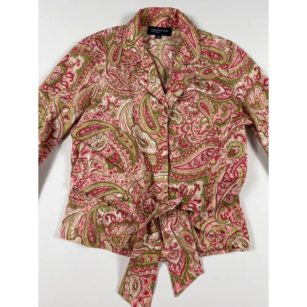 Jones New York Signature Pink Green Paisley Tie Front Cotton Blouse Size Small